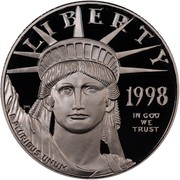 USA $50 American Eagle 1998 W KM# 291 LIBERTY 1998 E PLURIBUS UNUM IN GOD WE TRUST coin obverse USA $50 American Eagle 1998 W KM# 291 LIBERTY 1998 E PLURIBUS UNUM IN GOD WE TRUST coin obverse