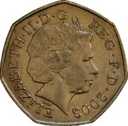 UK 50 Pence 100th Anniversary of the Women's Social and Political Union 2003 British Royal Mint KM# 1036 ELIZABETH∙II∙D∙G REG∙F∙D∙2003 IRB coin obverse UK 50 Pence 100th Anniversary of the Women's Social and Political Union 2003 British Royal Mint KM# 1036 ELIZABETH∙II∙D∙G REG∙F∙D∙2003 IRB coin obverse