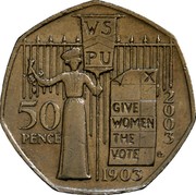 UK 50 Pence 100th Anniversary of the Women's Social and Political Union 2003 British Royal Mint KM# 1036 WS PU 50 PENCE GIVE WOMEN THE VOTE 1903 2003 coin reverse UK 50 Pence 100th Anniversary of the Women's Social and Political Union 2003 British Royal Mint KM# 1036 WS PU 50 PENCE GIVE WOMEN THE VOTE 1903 2003 coin reverse