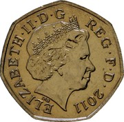 UK 50 Pence 2012 London Olympics - Hockey 2011 British Royal Mint KM# 1171 ELIZABETH∙II∙D∙G REG∙F∙D∙2011 IRB coin obverse UK 50 Pence 2012 London Olympics - Hockey 2011 British Royal Mint KM# 1171 ELIZABETH∙II∙D∙G REG∙F∙D∙2011 IRB coin obverse