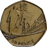 UK 50 Pence 2012 London Olympics - Triathlon 2011 British Royal Mint KM# 1173 50 PENCE coin reverse UK 50 Pence 2012 London Olympics - Triathlon 2011 British Royal Mint KM# 1173 50 PENCE coin reverse