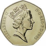UK 50 Pence Elizabeth II 1985 Proof KM# 940.1 ELIZABETH II D∙G∙REG∙F∙D∙1997 RDM coin obverse UK 50 Pence Elizabeth II 1985 Proof KM# 940.1 ELIZABETH II D∙G∙REG∙F∙D∙1997 RDM coin obverse