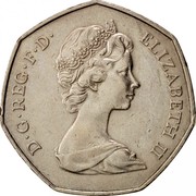 UK 50 Pence Entry into European Economic Community 1973 Proof KM# 918 D∙G∙REG∙F∙D∙ ELIZABETH II coin obverse UK 50 Pence Entry into European Economic Community 1973 Proof KM# 918 D∙G∙REG∙F∙D∙ ELIZABETH II coin obverse