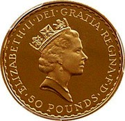 UK 50 Pounds Britannia 1997 Proof KM# 984 ELIZABETH'II'DEI'GRATIA'REGINA'F'D '50 POUNDS' RDM coin obverse