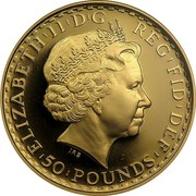 UK 50 Pounds Britannia 2004 British Royal Mint Proof KM# 1010 ELIZABETH'II'D'G REG'FID'DEF '50'POUNDS' IRB coin obverse UK 50 Pounds Britannia 2004 British Royal Mint Proof KM# 1010 ELIZABETH'II'D'G REG'FID'DEF '50'POUNDS' IRB coin obverse