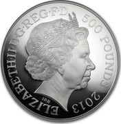 UK 500 Pounds 60th Anniversary of Coronation 2013 Proof KM# 1265 ELIZABETH II D G REG F D 500 POUNDS 2013 IRB coin obverse UK 500 Pounds 60th Anniversary of Coronation 2013 Proof KM# 1265 ELIZABETH II D G REG F D 500 POUNDS 2013 IRB coin obverse