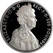 UK 500 Pounds Queen's Diamond Jubilee 2012 Proof KM# 1243 ELIZABETH II D G REG F D 500 POUNDS coin obverse UK 500 Pounds Queen's Diamond Jubilee 2012 Proof KM# 1243 ELIZABETH II D G REG F D 500 POUNDS coin obverse