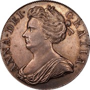 UK Crown Anne Plumes in angles 1707 KM# 526.3 ANNA∙DEI∙ GRATIA∙ coin obverse UK Crown Anne Plumes in angles 1707 KM# 526.3 ANNA∙DEI∙ GRATIA∙ coin obverse