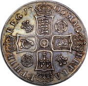 UK Crown Anne roses and plumes in angles 1706 KM# 519.3 MAG - BR ∙ FRA - ET HIB - REG ∙ coin reverse