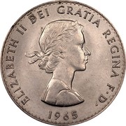 UK Crown Death of Winston Churchill 1965 Specimen KM# 910 ELIZABETH II DEI GRATIA REGINA F∙D∙ 1965 coin obverse UK Crown Death of Winston Churchill 1965 Specimen KM# 910 ELIZABETH II DEI GRATIA REGINA F∙D∙ 1965 coin obverse
