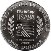 USA Dollar 1994 World Cup Soccer 1994 D KM# 247 UNITED STATES OF AMERICA WORLD CUP USA94 ONE DOLLAR E PLURIBUS UNUM coin reverse USA Dollar 1994 World Cup Soccer 1994 D KM# 247 UNITED STATES OF AMERICA WORLD CUP USA94 ONE DOLLAR E PLURIBUS UNUM coin reverse