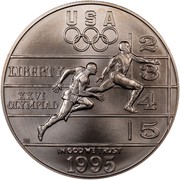USA Dollar 1996 Atlanta Olympics - track and field 1995 D KM# 264 LIBERTY XXVI OLYMPIAD USA 2345 IN GOD WE TRUST coin obverse USA Dollar 1996 Atlanta Olympics - track and field 1995 D KM# 264 LIBERTY XXVI OLYMPIAD USA 2345 IN GOD WE TRUST coin obverse