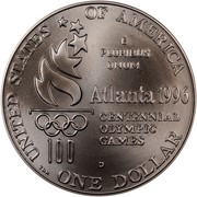 USA Dollar 1996 Atlanta Paralympics - wheelchair racer 1996 D KM# 268 UNITED STATES OF AMERICA 100 ATLANTA CENTENNIAL OLYMPIC GAMES E PLUIRBUS UNUM ONE DOLLAR coin reverse USA Dollar 1996 Atlanta Paralympics - wheelchair racer 1996 D KM# 268 UNITED STATES OF AMERICA 100 ATLANTA CENTENNIAL OLYMPIC GAMES E PLUIRBUS UNUM ONE DOLLAR coin reverse