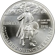 USA Dollar Columbus discovery - 500th anniversary 1992 D KM# 238 LIBERTY COLUMBUS QUINCENTENARY IN GOD WE TRUST coin obverse USA Dollar Columbus discovery - 500th anniversary 1992 D KM# 238 LIBERTY COLUMBUS QUINCENTENARY IN GOD WE TRUST coin obverse