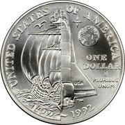 USA Dollar Columbus discovery - 500th anniversary 1992 D KM# 238 UNITED STATES OF AMERICA ONE DOLLAR E PLURIBUS UNUM 1492 ~ 1992 USA coin reverse USA Dollar Columbus discovery - 500th anniversary 1992 D KM# 238 UNITED STATES OF AMERICA ONE DOLLAR E PLURIBUS UNUM 1492 ~ 1992 USA coin reverse