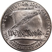 USA Dollar Constitution Bicentennial 1987 P KM# 220 THE U.S. CONSTITUTION 200TH ANNIVERSARY LIBERTY 1987 IN GOD WE TRUST coin obverse USA Dollar Constitution Bicentennial 1987 P KM# 220 THE U.S. CONSTITUTION 200TH ANNIVERSARY LIBERTY 1987 IN GOD WE TRUST coin obverse