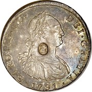 UK Dollar Countermark on Bolivia (Potosi) 8 Reales KM#73.1 ND Host Date: 1791-1804 KM# 653 CAROLUS IIII DBI GRATIA coin obverse UK Dollar Countermark on Bolivia (Potosi) 8 Reales KM#73.1 ND Host Date: 1791-1804 KM# 653 CAROLUS IIII DBI GRATIA coin obverse