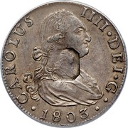 UK Dollar Countermark on Spanish (Seville) 8 Reales ND Host Date: 1788-1803 KM# 659.2 CAROLUS IIII∙DEI∙G∙ ∙1803∙ coin obverse UK Dollar Countermark on Spanish (Seville) 8 Reales ND Host Date: 1788-1803 KM# 659.2 CAROLUS IIII∙DEI∙G∙ ∙1803∙ coin obverse