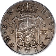 UK Dollar Countermark on Spanish (Seville) 8 Reales ND Host Date: 1788-1803 KM# 659.2 HISPANIARUM∙REX∙ R S 8 C∙N coin reverse UK Dollar Countermark on Spanish (Seville) 8 Reales ND Host Date: 1788-1803 KM# 659.2 HISPANIARUM∙REX∙ R S 8 C∙N coin reverse