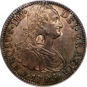 UK Dollar Countermarked 1791-1808 CM Date: ND(1797) KM# 634 CAROLUS∙IIII∙ DEI∙GRATIA∙ ∙1795∙ coin obverse UK Dollar Countermarked 1791-1808 CM Date: ND(1797) KM# 634 CAROLUS∙IIII∙ DEI∙GRATIA∙ ∙1795∙ coin obverse