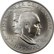 USA Dollar Eisenhower Centennial 1990 W KM# 227 EISENHOWER CENTENNIAL LIBERTY IN GOD WE TRUST 1890 . 1990 coin obverse USA Dollar Eisenhower Centennial 1990 W KM# 227 EISENHOWER CENTENNIAL LIBERTY IN GOD WE TRUST 1890 . 1990 coin obverse