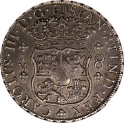 UK Dollar George III 1772-1789 CM Date: ND(1797) KM# 636 CAROLUS∙III∙D∙G∙HISPAN∙ET IND∙REX J M 8 coin reverse UK Dollar George III 1772-1789 CM Date: ND(1797) KM# 636 CAROLUS∙III∙D∙G∙HISPAN∙ET IND∙REX J M 8 coin reverse