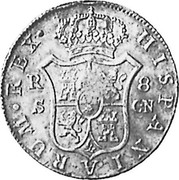 UK Dollar George III Countermarked 1788-1808 CM Date: ND(1797) KM# 640 HISPANIARUM REX R S 8 GN coin reverse UK Dollar George III Countermarked 1788-1808 CM Date: ND(1797) KM# 640 HISPANIARUM REX R S 8 GN coin reverse