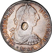 UK Dollar George III Countermarked ND Host Date: 1772-89 KM# 655 CAROLUS∙III∙ DEI∙GRATIA coin obverse UK Dollar George III Countermarked ND Host Date: 1772-89 KM# 655 CAROLUS∙III∙ DEI∙GRATIA coin obverse