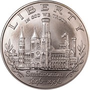 USA Dollar Smithsonian Institution 150th Anniversary 1996 D KM# 276 LIBERTY IN GOD WE TRUST 1846-1996 SMITHSONIAN coin obverse USA Dollar Smithsonian Institution 150th Anniversary 1996 D KM# 276 LIBERTY IN GOD WE TRUST 1846-1996 SMITHSONIAN coin obverse