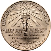 USA Dollar Statue of Liberty Centennial 1986 P KM# 214 UNITED STATES OF AMERICA ONE DOLLAR E PLURIBUS UNUM GIVE ME YOUR TIRED, YOUR POOR, YOUR HUDDLED MASSES YEARNING TO BREATHE FREE coin reverse USA Dollar Statue of Liberty Centennial 1986 P KM# 214 UNITED STATES OF AMERICA ONE DOLLAR E PLURIBUS UNUM GIVE ME YOUR TIRED, YOUR POOR, YOUR HUDDLED MASSES YEARNING TO BREATHE FREE coin reverse