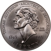 USA Dollar Thomas Jefferson 250th birth Anniversary 1993 P KM# 249 THOMAS JEFFERSON ARCHITECT OF DEMOCRACY LIBERTY IN GOD WE TRUST 1743 1993 coin obverse USA Dollar Thomas Jefferson 250th birth Anniversary 1993 P KM# 249 THOMAS JEFFERSON ARCHITECT OF DEMOCRACY LIBERTY IN GOD WE TRUST 1743 1993 coin obverse