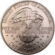 USA Dollar USO 50th Anniversary 1991 D KM# 232 UNITED STATES OF AMERICA USO FIFTY YEARS SERVICE E PLURIBUS UNUM TO SERVICE PEOPLE ONE DOLLAR coin reverse