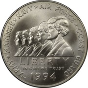 USA Dollar Women In Military Service Memorial 1994 W KM# 252 ARMY MARINES NAVY AIR FORCE COAST GUARD LIBERTY IN GOD WE TRUST coin obverse USA Dollar Women In Military Service Memorial 1994 W KM# 252 ARMY MARINES NAVY AIR FORCE COAST GUARD LIBERTY IN GOD WE TRUST coin obverse