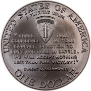 USA Dollar World War II 50th Anniversary 1993 D KM# 244 UNITED STATES OF AMERICA E PLURIBUS UNUM ONE DOLLAR "I HAVE FULL CONFIDENCE IN YOUR COURAGE, DEVOTION TO DUTY AND SKILL IN BATTLE. WE WILL ACCEPT NOTHING LESS THAN FULL VICTORY!" DWIGHT D. EISENHOWER coin reverse USA Dollar World War II 50th Anniversary 1993 D KM# 244 UNITED STATES OF AMERICA E PLURIBUS UNUM ONE DOLLAR "I HAVE FULL CONFIDENCE IN YOUR COURAGE, DEVOTION TO DUTY AND SKILL IN BATTLE. WE WILL ACCEPT NOTHING LESS THAN FULL VICTORY!" DWIGHT D. EISENHOWER coin reverse