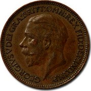 UK Farthing George V 1935 KM# 825 GEORGIUS V DEI GRA:BRITT:OMN:REX FID:DEF:IND:IMP: B.M. coin obverse UK Farthing George V 1935 KM# 825 GEORGIUS V DEI GRA:BRITT:OMN:REX FID:DEF:IND:IMP: B.M. coin obverse