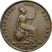 UK Farthing Victoria 1853 WW designer's initials incuse KM# 725 BRITANNIAR. REX: FID: DEF: coin reverse UK Farthing Victoria 1853 WW designer's initials incuse KM# 725 BRITANNIAR. REX: FID: DEF: coin reverse