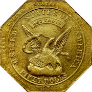 USA Fifty Dolls 1851 KM# 31.2a Dunbar & Company UNITED STATES OF AMERICA FIFTY DOLLS 887 THOUS coin obverse USA Fifty Dolls 1851 KM# 31.2a Dunbar & Company UNITED STATES OF AMERICA FIFTY DOLLS 887 THOUS coin obverse