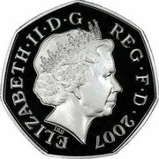 UK Fifty Pence 100th Anniversary of the Scouting Movement 2007 British Royal Mint Proof KM# 1073 ELIZABETH∙II∙D∙G REG∙F∙D∙2007 IRB coin obverse UK Fifty Pence 100th Anniversary of the Scouting Movement 2007 British Royal Mint Proof KM# 1073 ELIZABETH∙II∙D∙G REG∙F∙D∙2007 IRB coin obverse