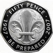 UK Fifty Pence 100th Anniversary of the Scouting Movement 2007 British Royal Mint Proof KM# 1073 * FIFTY PENCE * 1907 * BE PREPARED * 2007 K coin reverse UK Fifty Pence 100th Anniversary of the Scouting Movement 2007 British Royal Mint Proof KM# 1073 * FIFTY PENCE * 1907 * BE PREPARED * 2007 K coin reverse