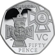 UK Fifty Pence 150th Anniversary of the First Victoria Cross 2006 British Royal Mint Proof KM# 1057 29 JAN 1856 VC FOR VALOUR FIFTY PENCE coin reverse UK Fifty Pence 150th Anniversary of the First Victoria Cross 2006 British Royal Mint Proof KM# 1057 29 JAN 1856 VC FOR VALOUR FIFTY PENCE coin reverse