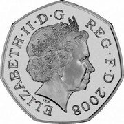 UK Fifty Pence Bottom Center 2008 British Royal Mint Proof KM# 1112c ELIZABETH II D G REG F D 2008 coin obverse UK Fifty Pence Bottom Center 2008 British Royal Mint Proof KM# 1112c ELIZABETH II D G REG F D 2008 coin obverse