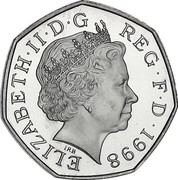 UK Fifty Pence (Britannia revised inscription) KM# 991 ELIZABETH∙II∙D∙G REG∙F∙D∙1998 IRB coin obverse UK Fifty Pence (Britannia revised inscription) KM# 991 ELIZABETH∙II∙D∙G REG∙F∙D∙1998 IRB coin obverse