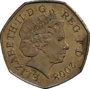 UK Fifty Pence Shield of the Royal Arms puzzle 6/6 2008 British Royal Mint KM# 1112 ELIZABETH∙II∙D∙G REG∙F∙D∙2008 IRB coin obverse UK Fifty Pence Shield of the Royal Arms puzzle 6/6 2008 British Royal Mint KM# 1112 ELIZABETH∙II∙D∙G REG∙F∙D∙2008 IRB coin obverse