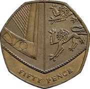 UK Fifty Pence Shield of the Royal Arms puzzle 6/6 2008 British Royal Mint KM# 1112 MD FIFTY PENCE coin reverse UK Fifty Pence Shield of the Royal Arms puzzle 6/6 2008 British Royal Mint KM# 1112 MD FIFTY PENCE coin reverse