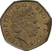 UK Fifty Pence (Shield of the Royal Arms) KM# 1112b ELIZABETH II D G REG F D *DATE* coin obverse UK Fifty Pence (Shield of the Royal Arms) KM# 1112b ELIZABETH II D G REG F D *DATE* coin obverse