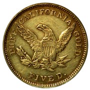 USA Five D. 1851 KM# 49 Schultz & Company PURE CALIFORNIA GOLD. FIVE D. coin reverse USA Five D. 1851 KM# 49 Schultz & Company PURE CALIFORNIA GOLD. FIVE D. coin reverse