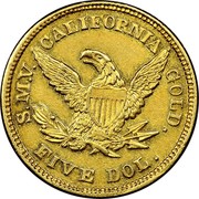 USA Five Dol. 1850 KM# 37.4 Moffat & Company S.M.V. CALIFORNIA GOLD FIVE DOL. coin reverse USA Five Dol. 1850 KM# 37.4 Moffat & Company S.M.V. CALIFORNIA GOLD FIVE DOL. coin reverse