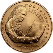 USA Five Dollars Bill of Rights 1993 W KM# 242 LIBERTY IN GOD WE TRUST JAMES MADISON W 1993 coin obverse USA Five Dollars Bill of Rights 1993 W KM# 242 LIBERTY IN GOD WE TRUST JAMES MADISON W 1993 coin obverse