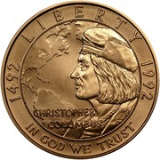 USA Five Dollars Christopher Columbus Quincentenary 1992 W KM# 239 LIBERTY IN GOD WE TRUST CHRISTOPHER COLUMBUS 1492 1992 coin obverse USA Five Dollars Christopher Columbus Quincentenary 1992 W KM# 239 LIBERTY IN GOD WE TRUST CHRISTOPHER COLUMBUS 1492 1992 coin obverse