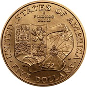 USA Five Dollars Christopher Columbus Quincentenary 1992 W KM# 239 ∙ UNITED STATES OF AMERICA ∙ E PLURIBUS UNUM ∙ FIVE DOLLARS ∙ 1492 W coin reverse USA Five Dollars Christopher Columbus Quincentenary 1992 W KM# 239 ∙ UNITED STATES OF AMERICA ∙ E PLURIBUS UNUM ∙ FIVE DOLLARS ∙ 1492 W coin reverse